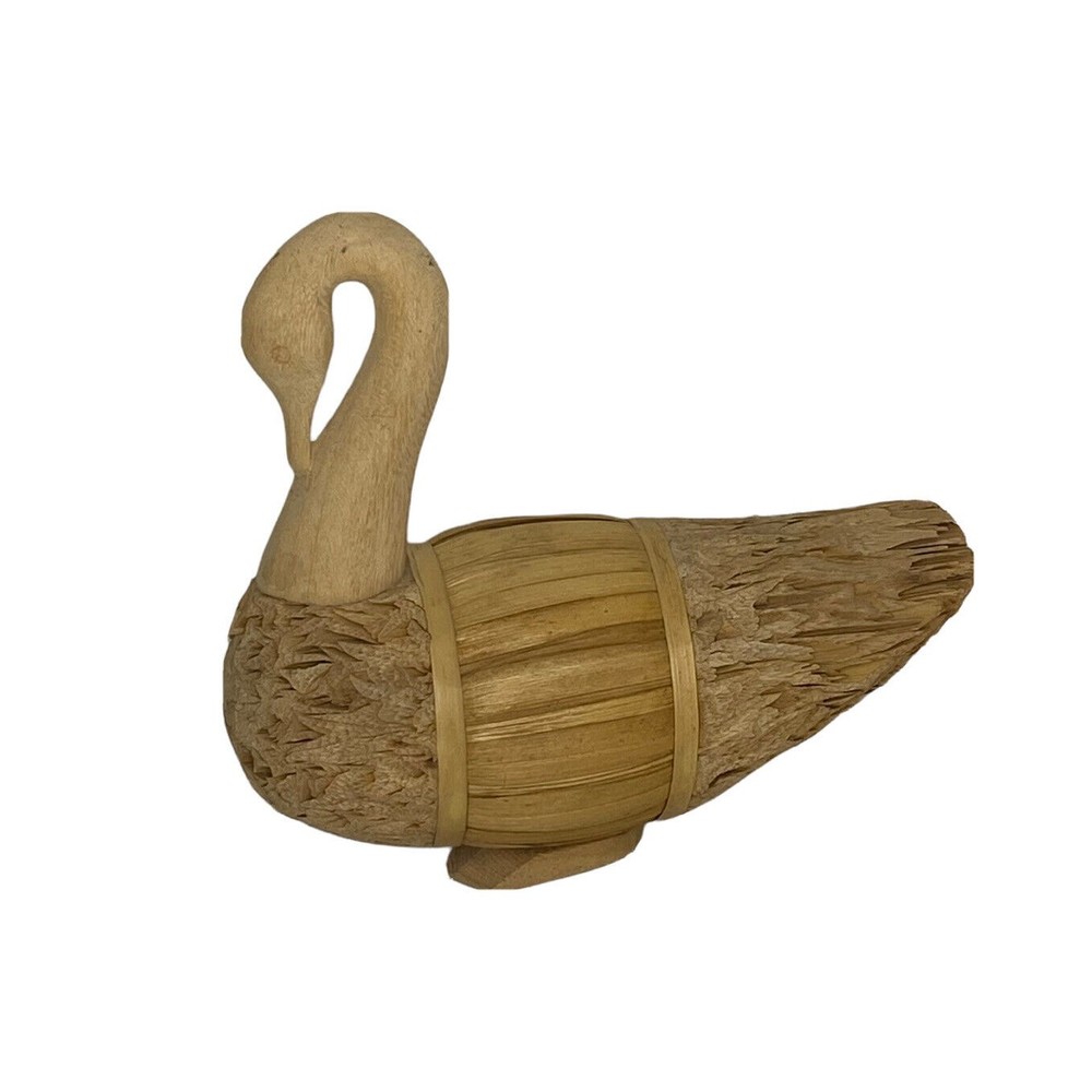 Vintage Corn Husk Swan‎ Duck Decoy Hand Carved Wooden Head Decor